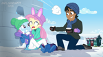 Size: 8000x4500 | Tagged: safe, artist:metalhead97, fluttershy, trixie, oc, oc:calypso kiosko, equestria girls, equestria girls series, g4, holidays unwrapped, saving pinkie's pie, spoiler:eqg series (season 2), boots, chocolate, clothes, coat, commission, cup, cute, diatrixes, female, food, hat, hot chocolate, kneeling, open mouth, scared, scarf, shipping, shoes, show accurate, smiling, snow, snowball, snowball fight, sweater, this will not end well, trio, trixieshy, warmers