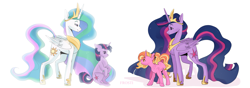 Size: 5705x2000 | Tagged: safe, artist:1rostil0ve, luster dawn, princess celestia, twilight sparkle, alicorn, pony, unicorn, g4, the last problem, crown, cutie mark, ethereal mane, female, full circle, high res, hoof shoes, jewelry, looking at each other, mare, older, older twilight, older twilight sparkle (alicorn), peytral, princess twilight 2.0, regalia, signature, simple background, smiling, starry mane, time paradox, twilight sparkle (alicorn), unicorn twilight, white background