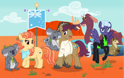 Size: 4600x2900 | Tagged: safe, artist:andoanimalia, aunt holiday, rolling thunder, snap shutter, oc, koala, pony, tri-horned bunyip, wallaroo, g4, austailia, australia, bunyip, cloud, desert, female, flag, flag of equestria, male, mare, stallion