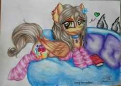 Size: 601x428 | Tagged: safe, artist:maryhoovesfield, oc, oc only, pegasus, pony, bedroom eyes, choker, clothes, couch, ear fluff, eyelashes, female, heart, mare, pegasus oc, pillow, socks, solo, striped socks, traditional art, wings
