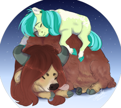 Size: 1505x1335 | Tagged: safe, artist:theartfox2468, sandbar, yona, earth pony, pony, yak, g4, blushing, cloven hooves, colored hooves, cuddle puddle, cuddling, cute, daaaaaaaaaaaw, eyes closed, facial hair, female, freckles, interspecies, larger female, loose hair, lying down, male, older, older sandbar, older yona, pony pile, prone, sandabetes, ship:yonabar, shipping, size difference, sleeping, smaller male, straight, yonadorable