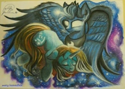 Size: 553x396 | Tagged: safe, artist:maryhoovesfield, princess luna, oc, alicorn, pony, unicorn, g4, bust, duo, ethereal mane, eyes closed, female, galaxy mane, glowing eyes, glowing horn, horn, mare, peytral, signature, sleeping, traditional art, unicorn oc, wings