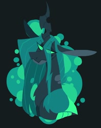 Size: 742x939 | Tagged: safe, artist:rockin_candies, queen chrysalis, changeling, changeling queen, g4, abstract background, black background, female, horn, simple background, slit pupils, smiling, solo