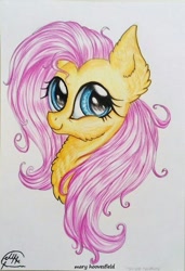 Size: 413x604 | Tagged: safe, artist:maryhoovesfield, fluttershy, pegasus, pony, g4, bust, cute, ear fluff, eyelashes, female, mare, shyabetes, signature, smiling, solo, traditional art
