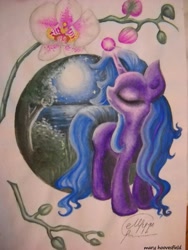 Size: 453x604 | Tagged: safe, artist:maryhoovesfield, oc, oc only, pony, unicorn, eyes closed, female, flower, full moon, glowing horn, horn, mare, moon, signature, solo, traditional art, unicorn oc