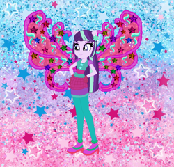 Size: 736x707 | Tagged: safe, artist:selenaede, artist:user15432, starlight glimmer, fairy, human, equestria girls, g4, alternate hairstyle, barely eqg related, base used, boots, clothes, cosmix, crossover, fairy wings, fairyized, gloves, gradient background, green dress, hand on hip, high heel boots, high heels, leggings, pink shoes, ponied up, purple wings, rainbow s.r.l, shoes, solo, stars, wings, winx, winx club, winxified