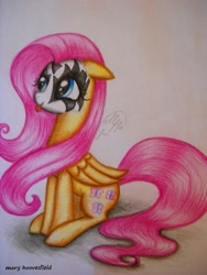 Size: 453x604 | Tagged: safe, artist:maryhoovesfield, fluttershy, pegasus, pony, g4, :p, face paint, female, kiss (band), mare, signature, sitting, solo, tongue out, traditional art, wings