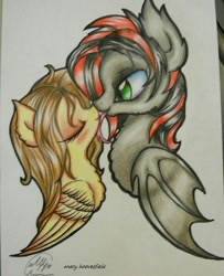 Size: 490x604 | Tagged: safe, artist:maryhoovesfield, oc, oc only, bat pony, pegasus, pony, bat pony oc, bat wings, blushing, chest fluff, ear fluff, eyes closed, female, kissing, lesbian, licking, mare, oc x oc, pegasus oc, shipping, signature, smiling, tongue out, traditional art, wings