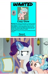 Size: 1066x1678 | Tagged: safe, edit, edited screencap, screencap, cozy glow, rarity, pegasus, pony, friendship university, g4, boomerang (tv channel), female, filly, poster, pure concentrated unfiltered evil of the utmost potency, pure unfiltered evil, wanted, wanted poster