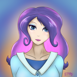 Size: 1000x1000 | Tagged: safe, artist:empyu, rarity, human, g4, bangs, blue eyes, bust, female, humanized, lipstick, looking at you, portrait, purple hair, signature, solo
