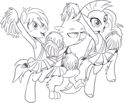 Size: 1203x1008 | Tagged: safe, artist:nauyaco, gallus, sandbar, silverstream, classical hippogriff, griffon, hippogriff, pony, 2 4 6 greaaat, g4, armpits, bipedal, black and white, cheerleader, cheerleader gallus, cheerleader outfit, cheerleader sandbar, cheerleader silverstream, clothes, crossdressing, female, gallus is not amused, grayscale, male, male cheerleader, monochrome, simple background, unamused, white background