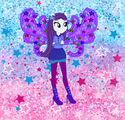 Size: 736x708 | Tagged: safe, artist:selenaede, artist:user15432, rarity, fairy, human, equestria girls, g4, alternate hairstyle, barely eqg related, base used, boots, clothes, cosmix, crossed arms, crossover, fairy wings, fairyized, gradient background, high heel boots, high heels, leggings, ponied up, purple dress, purple shoes, purple wings, rainbow s.r.l, shoes, solo, stars, wings, winx, winx club, winxified