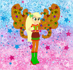 Size: 736x708 | Tagged: safe, artist:selenaede, artist:user15432, applejack, fairy, human, equestria girls, g4, alternate hairstyle, barely eqg related, base used, boots, clothes, cosmix, crossover, fairy wings, fairyized, fingerless gloves, gloves, gradient background, green shoes, hand on hip, hatless, high heel boots, high heels, leggings, missing accessory, orange dress, orange wings, ponied up, rainbow s.r.l, shoes, solo, stars, wings, winx, winx club, winxified