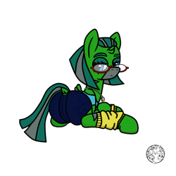 Size: 1500x1500 | Tagged: safe, artist:dice-warwick, oc, oc only, oc:temboril tablature, original species, pony, fallout equestria, fallout equestria: dance of the orthrus, fallout equestria: scout sizzle cymbal, fanfic art, glasses, horn, leg warmers, looking back, mirage pony, presenting, raised tail, small horn, small wings, solo, spandex, stripes, tail, wings
