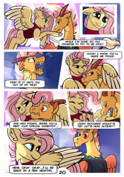 Size: 1024x1463 | Tagged: safe, artist:loryska, fluttershy, oc, oc:larkspur, draconequus, hybrid, pony, comic:friendship grows, g4, clothes, cloven hooves, colored hooves, ear fluff, embarrassed, female, hug, interspecies offspring, jacket, laughing, male, mother and child, mother and son, mothers gonna mother, offspring, parent:discord, parent:fluttershy, parents:discoshy, teasing, two toned wings, winghug, wings