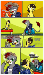Size: 1280x2151 | Tagged: safe, artist:khaki-cap, oc, oc:khaki-cap, oc:tommy, oc:tommy the human, alicorn, griffon, pony, comic:magical mishaps, alicorn oc, annoyed, bed, book, cap, clothes, colt, comic page, commissioner:bigonionbean, cutie mark, griffonized, hat, hoodie, horn, jean thicc, jeans, male, pants, species swap, text, transformation, wings