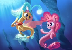 Size: 2600x1800 | Tagged: safe, artist:auroriia, artist:rocket-lawnchair, pinkie pie, princess skystar, earth pony, jellyfish, pony, seapony (g4), g4, my little pony: the movie, bioluminescent, blue eyes, bubble, collaboration, crepuscular rays, female, fin wings, fins, fish tail, flower, flower in hair, flowing mane, flowing tail, jewelry, necklace, ocean, open mouth, pearl necklace, seaponified, seapony pinkie pie, smiling, species swap, sunlight, tail, teeth, underwater, water, wings