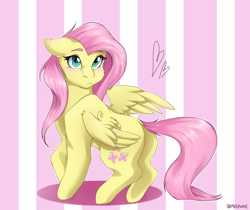 Size: 2553x2147 | Tagged: safe, artist:melpone, fluttershy, pegasus, pony, g4, blushing, cute, female, floppy ears, heart, high res, looking at you, looking back, looking back at you, mare, raised hoof, shyabetes, solo, spread wings, standing, turned head, wings