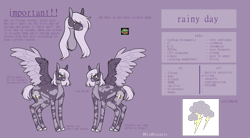 Size: 2709x1500 | Tagged: safe, artist:birdbiscuits, oc, oc only, oc:rainy day, pegasus, pony, female, mare, reference sheet, solo, two toned wings, wings