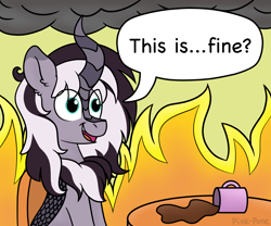 Size: 3000x2490 | Tagged: safe, artist:pink-pone, oc, oc only, kirin, coffee mug, fire, high res, male, mug, solo, this is fine