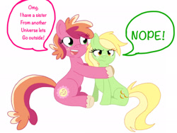 Size: 2048x1536 | Tagged: safe, artist:smileverse, oc, oc only, oc:earligold, oc:peachy keen, earth pony, pony, pandoraverse, dialogue, duo, female, freckles, hug, interdimensional siblings, offspring, parent:big macintosh, parent:cheerilee, parents:cheerimac, siblings, simple background, sisters, unshorn fetlocks, white background