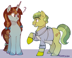 Size: 1150x933 | Tagged: safe, artist:pigeorgien, oc, oc only, oc:chemistry couple, oc:half-life, earth pony, pony, unicorn, apple family member, apron, bow, chemist, clothes, confused, duo, eyebrows, eyebrows visible through hair, female, gloves, hair ribbon, hoof fluff, looking at each other, mare, question mark, ribbon, shirt, smiling, tail bow, unshorn fetlocks