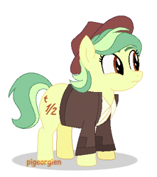 Size: 371x419 | Tagged: safe, artist:pigeorgien, artist:selenaede, oc, oc only, oc:half-life, earth pony, pony, apple family member, base used, chubby, chunky, clothes, cute, eyebrows, female, halfabetes, hat, jacket, mare, plump, shirt, solo, young