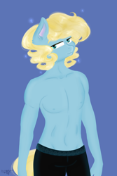 Size: 720x1077 | Tagged: safe, artist:synthsparkle, oc, oc only, oc:gamecrasher, earth pony, anthro, clothes, male, nipples, nudity, partial nudity, sexy, solo, topless