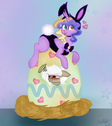 Size: 934x1052 | Tagged: safe, artist:synthsparkle, oc, oc only, oc:hainashford, oc:wendysparkle, earth pony, pony, unicorn, bunny suit, clothes, cosplay, easter, egg, floating heart, heart, holiday, interspecies offspring, offspring, parent:albert wesker, parent:nightmare moon, tongue out