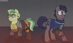 Size: 1500x900 | Tagged: safe, artist:pigeorgien, oc, oc only, oc:fallout(pigeorgien), oc:half-life, earth pony, pony, fallout equestria, clothes, cosplay, costume, duo, eyebrows, fallout, fear, female, glasses, gordon freeman, half-life, hev suit, jumpsuit, lambda, male, mare, parody, pipbuck, stallion, unshorn fetlocks, vault suit, video game crossover