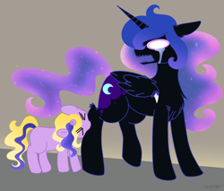 Size: 1882x1601 | Tagged: safe, artist:synthsparkle, nightmare moon, oc, oc:wendysparkle, alicorn, pony, unicorn, g4, baby, baby pony, biting, crying, cute, daughter, eyes closed, female, interspecies offspring, mommy, mother and child, mother and daughter, offspring, parent:albert wesker, parent:nightmare moon, tears of pain