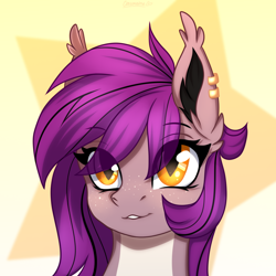 Size: 1024x1024 | Tagged: safe, artist:cottonaime, oc, oc only, oc:crystal shadow, bat pony, pony, ear piercing, earring, freckles, jewelry, lip bite, piercing, smiling