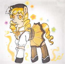 Size: 1000x989 | Tagged: safe, artist:blueberry pie_蜜糕, earth pony, pony, crossover, flower, magical girl, mami tomoe, ponified, puella magi madoka magica, simple background, solo, traditional art