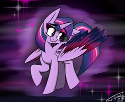 Size: 5500x4500 | Tagged: safe, artist:flywheel, twilight sparkle, alicorn, pony, g4, abstract background, colored wings, eye clipping through hair, female, mare, multicolored wings, raised hoof, smiling, solo, twilight sparkle (alicorn), wings