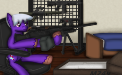 Size: 1622x999 | Tagged: safe, artist:99999999000, oc, oc only, oc:firearm king, earth pony, pony, ar-15, bed, bedroom, gun, hoof hold, m249, male, mp5, rifle, submachinegun, weapon