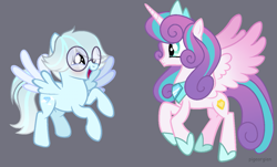 Size: 1287x779 | Tagged: safe, artist:pigeorgien, artist:rain-approves, princess flurry heart, oc, oc:lucid dream(pigeorgien), alicorn, crystal pegasus, crystal pony, pegasus, pony, g4, adorable face, adorkable, base used, blushing, cheering, clothes, colored wings, concave belly, crown, cute, dork, duo, fangirling, female, flurrybetes, flying, frown, glasses, happy, jewelry, mare, meganekko, multicolored wings, necklace, nerd pony, older, older flurry heart, regalia, round glasses, royalty, shoes, simple background, slender, smiling, thin, wings