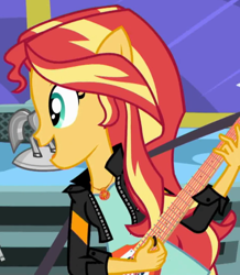 Size: 624x715 | Tagged: safe, screencap, sunset shimmer, eqg summertime shorts, equestria girls, g4, get the show on the road, cropped, geode of empathy, guitar, guitar pick, magical geodes, musical instrument, ponied up, pony ears, solo