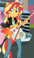 Size: 412x709 | Tagged: safe, screencap, fluttershy, sunset shimmer, eqg summertime shorts, equestria girls, g4, get the show on the road, cropped, guitar, musical instrument, ponied up, smiling