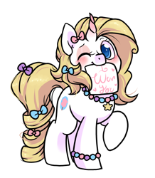 Size: 872x1002 | Tagged: safe, artist:paperbagpony, oc, oc:decora, pony, unicorn, blushing, curved horn, cute, horn, jewelry, necklace, ocbetes, ribbon, simple background, white background