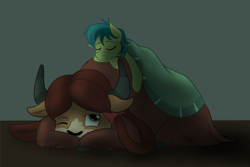 Size: 3000x2000 | Tagged: safe, artist:sixes&sevens, sandbar, yona, earth pony, pony, yak, g4, blanket, cute, female, high res, interspecies, looking up, male, sandabetes, ship:yonabar, shipping, simple background, sleeping, straight, yonadorable