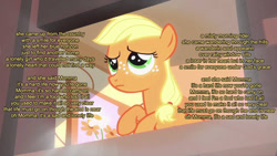 Size: 1280x720 | Tagged: safe, edit, edited screencap, screencap, applejack, g4, the cutie mark chronicles, electric light orchestra, elo, female, filly, filly applejack, lyrics, momma, sad, song reference, text, younger