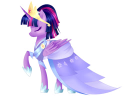 Size: 1280x1024 | Tagged: safe, artist:afterglory, twilight sparkle, alicorn, pony, g4, the last problem, clothes, coronation dress, crown, dress, eyes closed, female, gown, jewelry, raised hoof, regalia, second coronation dress, simple background, solo, twilight sparkle (alicorn), white background