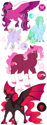Size: 1200x3200 | Tagged: safe, artist:arexstar, oc, oc only, oc:blood moon, oc:lightning bug, oc:maleficent hearts, oc:minnow, oc:rosey may, alicorn, bat pony, bat pony alicorn, earth pony, pegasus, pony, bat wings, female, horn, magical lesbian spawn, mare, offspring, parent:cheerilee, parent:king sombra, parent:lightning dust, parent:nightmare moon, parent:princess cadance, parent:star tracker, parent:tempest shadow, parent:trouble shoes, parent:vapor trail, parent:wind sprint, parents:lightningtrail, parents:tempestdance, simple background, white background, wings