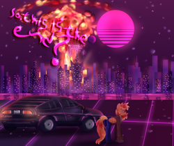 Size: 6900x5800 | Tagged: safe, artist:menalia, oc, oc only, oc:shiny flames, pegasus, pony, absurd resolution, aesthetics, car, city, clothes, delorean, emotionless, female, gloves, hoodie, hotline miami, jeans, mare, moon, night, nuclear explosion, pants, shoes, solo, stars, sun, synthwave, synthwave grid, text, unfinished art, wings