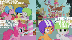 Size: 2000x1125 | Tagged: safe, edit, edited screencap, editor:quoterific, screencap, apple bloom, pinkie pie, scootaloo, sweetie belle, earth pony, pegasus, pony, unicorn, g4, the cutie mark chronicles, and that's how equestria was made, bipedal, cutie mark crusaders, eyes closed, female, filly, helmet, lip bite, open mouth, pinkie being pinkie, scooter