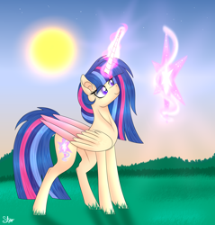 Size: 2030x2120 | Tagged: safe, artist:afterglory, oc, oc only, oc:serena sparkle, alicorn, pony, female, high res, magic, mare, offspring, parent:flash sentry, parent:twilight sparkle, parents:flashlight, solo, sun