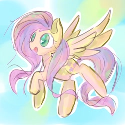 Size: 768x768 | Tagged: safe, artist:pnpn_721, fluttershy, pegasus, pony, g4, female, flying, mare, open mouth, smiling, solo, spread wings, wings