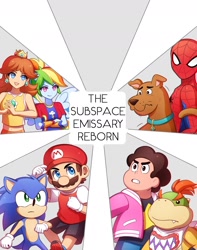 Size: 1500x1900 | Tagged: safe, artist:domestic-hedgehog, rainbow dash, dog, gem (race), great dane, hedgehog, human, hybrid, koopa, equestria girls, g4, barely eqg related, bowser jr, cartoon network, clothes, crossed arms, crossover, crown, ear piercing, earring, female, hanna barbera, jewelry, male, mario, mario & sonic, mario and sonic, marvel, marvel comics, nintendo, pegasus wings, piercing, ponied up, princess daisy, regalia, scooby-doo!, sega, sonic the hedgehog, sonic the hedgehog (series), spider-man, spoilers for another series, sports outfit, steven quartz universe, steven universe, steven universe future, subspace emissary, super mario bros., super ponied up, super smash bros., wings