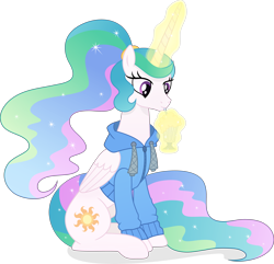 Size: 5207x5013 | Tagged: safe, artist:inaactive, princess celestia, alicorn, pony, g4, absurd resolution, alternate hairstyle, clothes, ethereal mane, ethereal tail, female, glowing horn, hoodie, horn, magic, mare, milkshake, ponytail, simple background, solo, transparent background