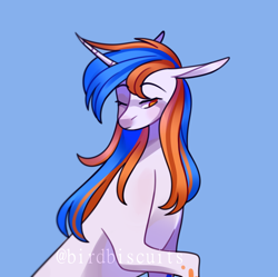 Size: 1410x1404 | Tagged: safe, artist:birdbiscuits, oc, oc only, pony, unicorn, blue background, female, mare, one eye closed, simple background, solo